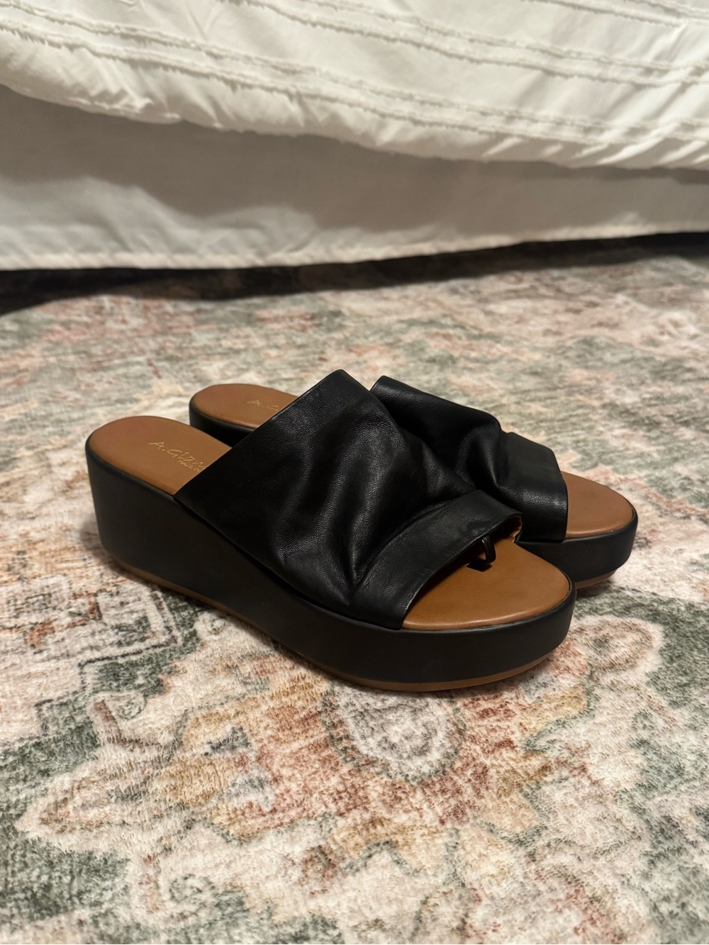 A. Giannetti Black Leather Wedge Sandals – Never Worn